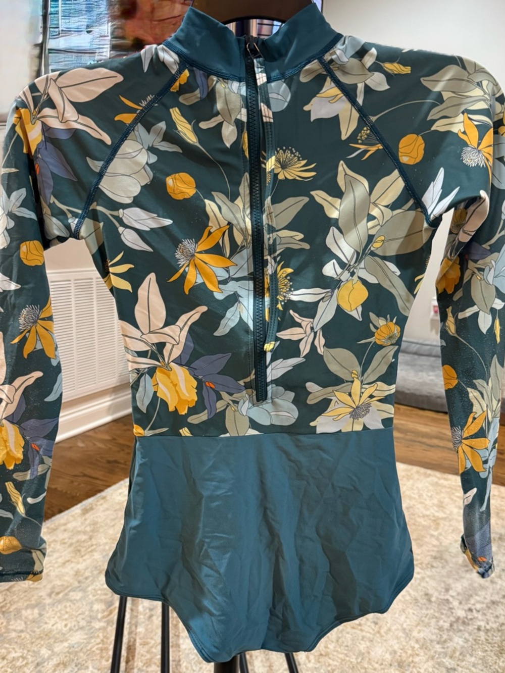 Floral Long-Sleeve One-Piece Swimsuit in Teal with Mustard Accent - Picture 2 of 4